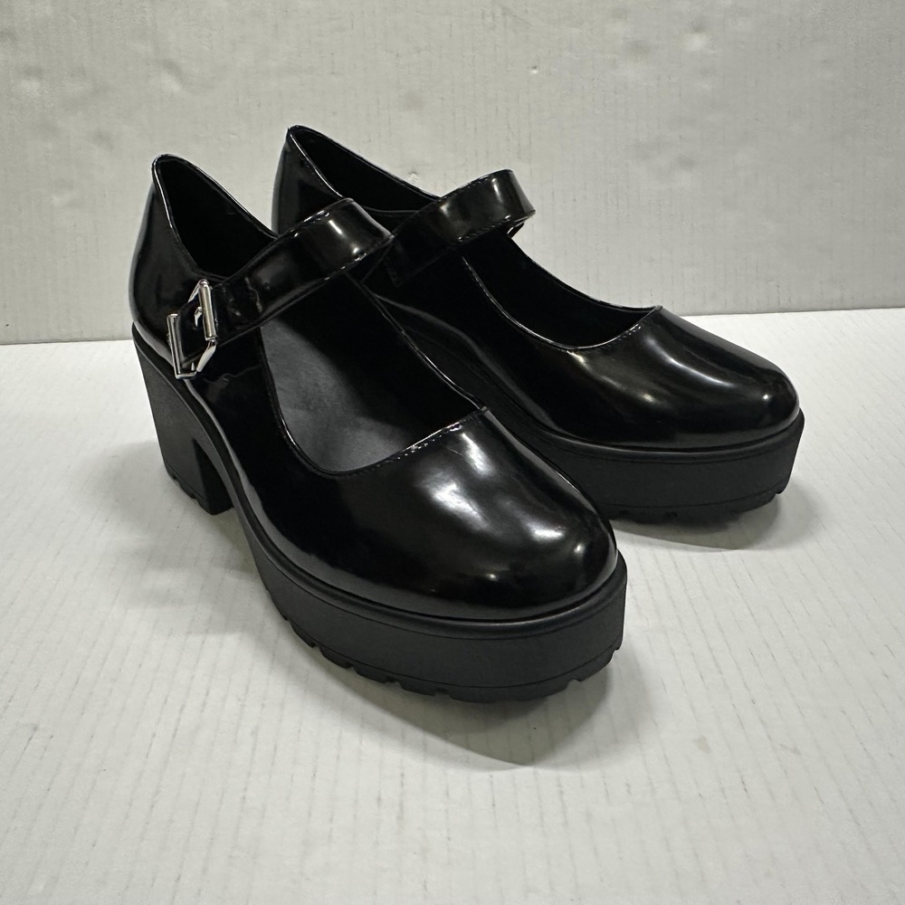 GB Mary Jane‎ Platform Heel Shoes Womens 8.5 Shiny Black Block Lug Sole Y2K